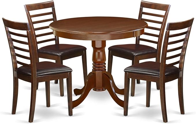 East West Furniture ANML5-MAH-LC 5 Piece Room Furniture Set Includes a Round Kitchen Table with Pedestal and 4 Faux Leather Upholstered Dining Chairs, 36x36 Inch, Mahogany - LeafyLoom