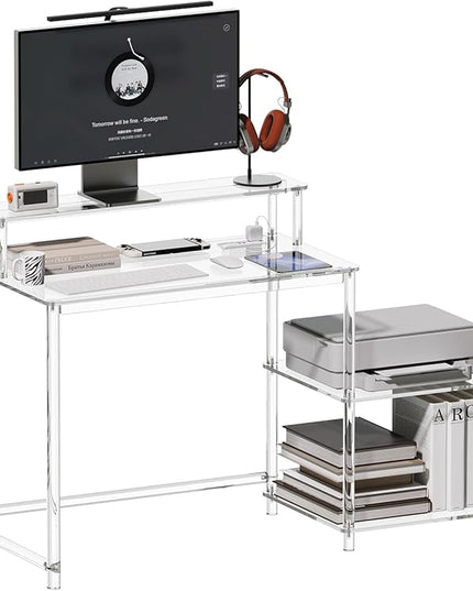 Eglaf Acrylic Desk with Printer Space - Home Office Desk Computer Desk with Power Outlet, Monitor Stand, for Study Working Writing Gaming, 44.5'' L x 18.9'' W x 35.8'' H, Clear - LeafyLoom
