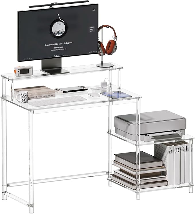 Eglaf Acrylic Desk with Printer Space - Home Office Desk Computer Desk with Power Outlet, Monitor Stand, for Study Working Writing Gaming, 44.5'' L x 18.9'' W x 35.8'' H, Clear - LeafyLoom