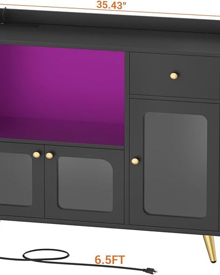 Cyclysio Sideboard Buffet Cabinet with Power Outlet, Kitchen Cabinet with LED Lights, Large Bar Cart Accent Buffet Cabinet with Door for Bedroom, Living Room, Kitchen, Hallway, Black - LeafyLoom