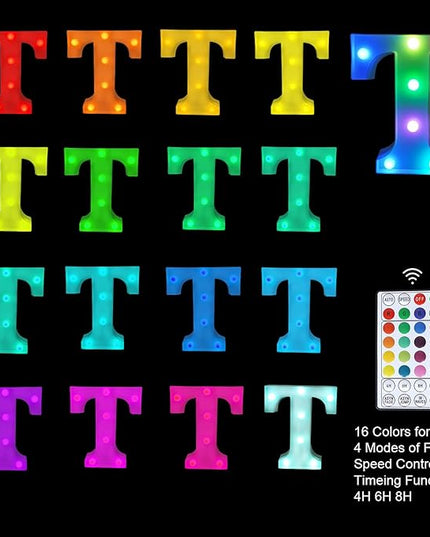 Colorful Letter LED Lights, 16 Colors Changing LED Marquee Letter Lights, Dimmable Night Lights for Wedding, Birthday, Holiday, Party, Bar, Christmas Decoration, Decor Multicolor T - LeafyLoom