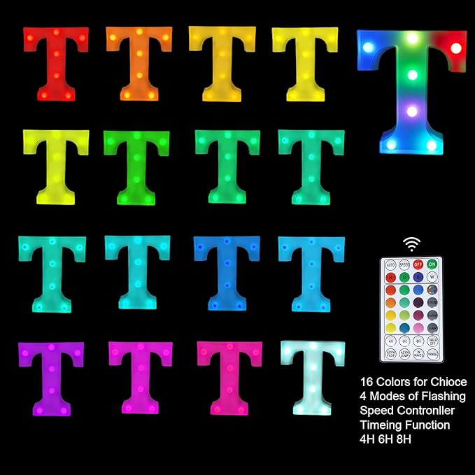 Colorful Letter LED Lights, 16 Colors Changing LED Marquee Letter Lights, Dimmable Night Lights for Wedding, Birthday, Holiday, Party, Bar, Christmas Decoration, Decor Multicolor T - LeafyLoom