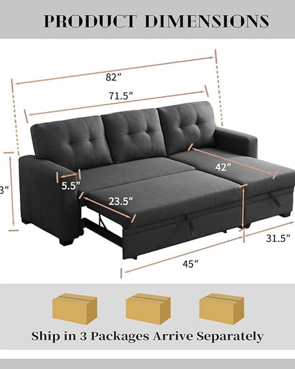 4-in-1 Convertible Pull Out Modular Sectional Sofa Bed for Living Room Furniture Sets, L Shaped Comfy Couch with Reversible Storage Chaise Upholstered for Apartment, Studio, Office, Dark Gray-2 - LeafyLoom