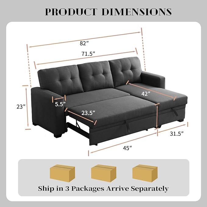 4-in-1 Convertible Pull Out Modular Sectional Sofa Bed for Living Room Furniture Sets, L Shaped Comfy Couch with Reversible Storage Chaise Upholstered for Apartment, Studio, Office, Dark Gray-2 - LeafyLoom