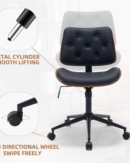 Armless Home Office Chair Modern Walnut Chair with Wheels Mid Back Swivel Computer Chair No arm Adjustable Height Leather Desk Chair for Reading,Meeting Room (Black) - LeafyLoom