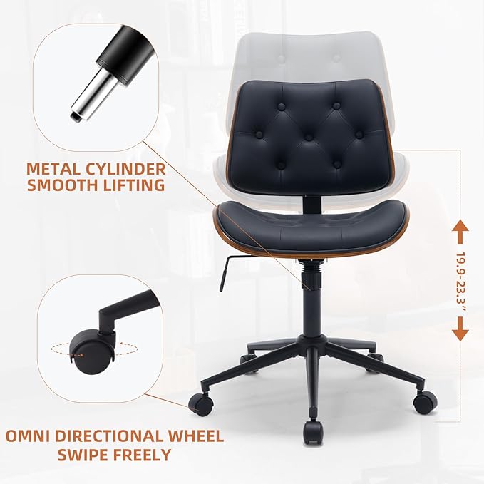 Armless Home Office Chair Modern Walnut Chair with Wheels Mid Back Swivel Computer Chair No arm Adjustable Height Leather Desk Chair for Reading,Meeting Room (Black) - LeafyLoom