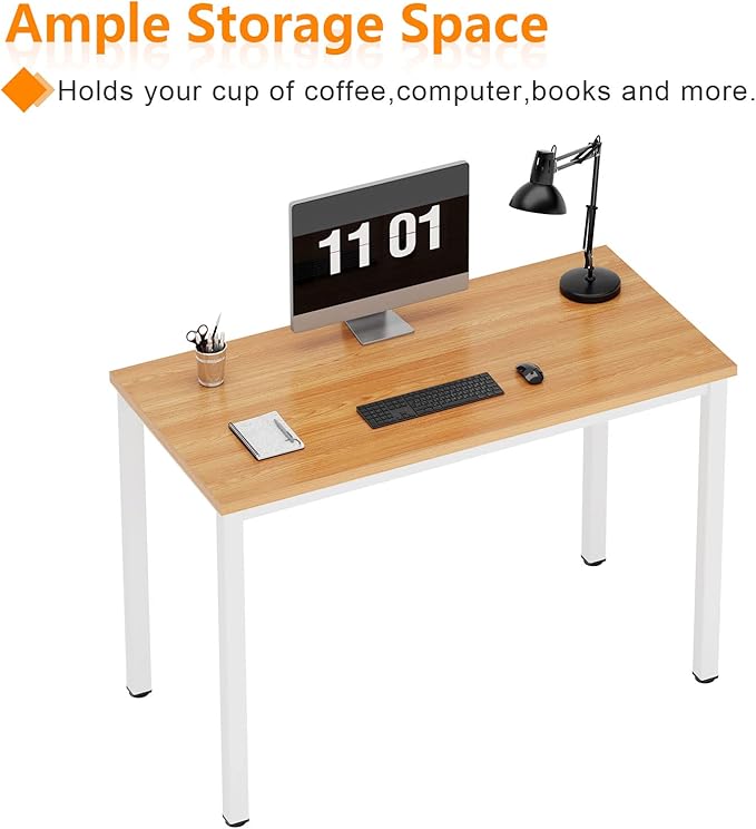 Need Small Desk, 39.4 inches Sturdy Writing Desk for Small Spaces, Small Computer Desk Teens Desk Study Table Laptop Desk Home Ofice Desk, White Metal Frame, Teak - LeafyLoom