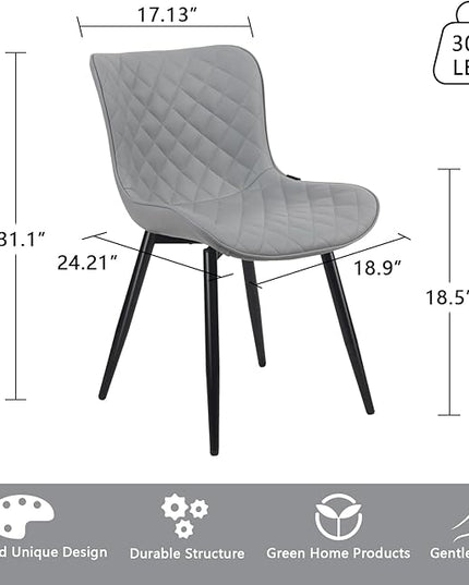 YOUTASTE Grey Dining Chairs Set of 2 Mid Century Modern PU Leather Diamond Upholstered Accent Guest Dinner Chair with Back Metal Legs for Kitchen Living Reception Waiting Room - LeafyLoom