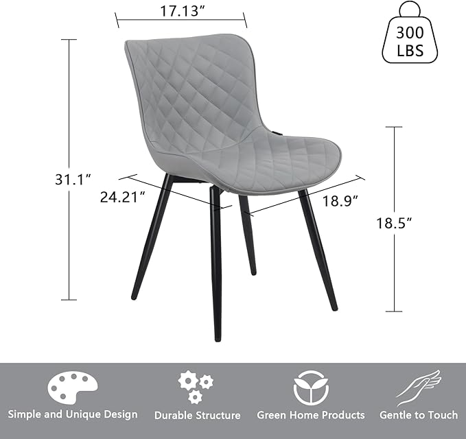 YOUTASTE Grey Dining Chairs Set of 2 Mid Century Modern PU Leather Diamond Upholstered Accent Guest Dinner Chair with Back Metal Legs for Kitchen Living Reception Waiting Room - LeafyLoom
