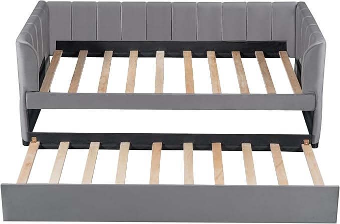 Twin Size Velvet Upholstered Daybed with Ergonomic Design Backrest and Trundle,Classic Stripe Shaped Headboard,No Box Spring Needed,for Bedroom, Living, Guest Room,Gray - LeafyLoom