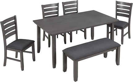 6 Piece Rustic Wood Dining Table Set with 4 Upholstered Chairs and 2-person Bench, A Stable Frame & a Long Lifespan, for Kitchen, Diningroom, Living Room, Dark Grey - LeafyLoom