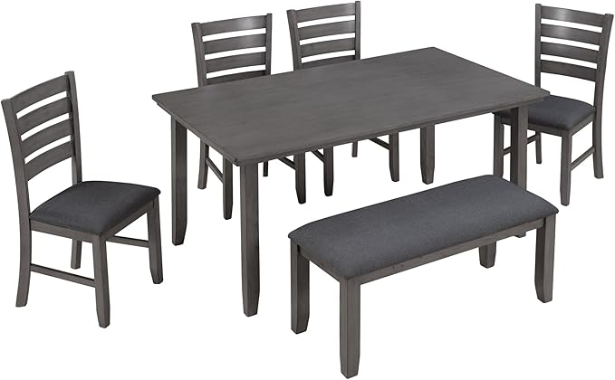 6 Piece Rustic Wood Dining Table Set with 4 Upholstered Chairs and 2-person Bench, A Stable Frame & a Long Lifespan, for Kitchen, Diningroom, Living Room, Dark Grey - LeafyLoom