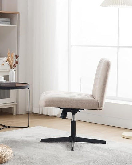Armless Office Chair Wide Desk Chair Mid Back Accent Chair Padded Swivel Vanity Chair for Girl Women Computer Task Chair for Home Office (Linen, Beige with Cross Base) - LeafyLoom
