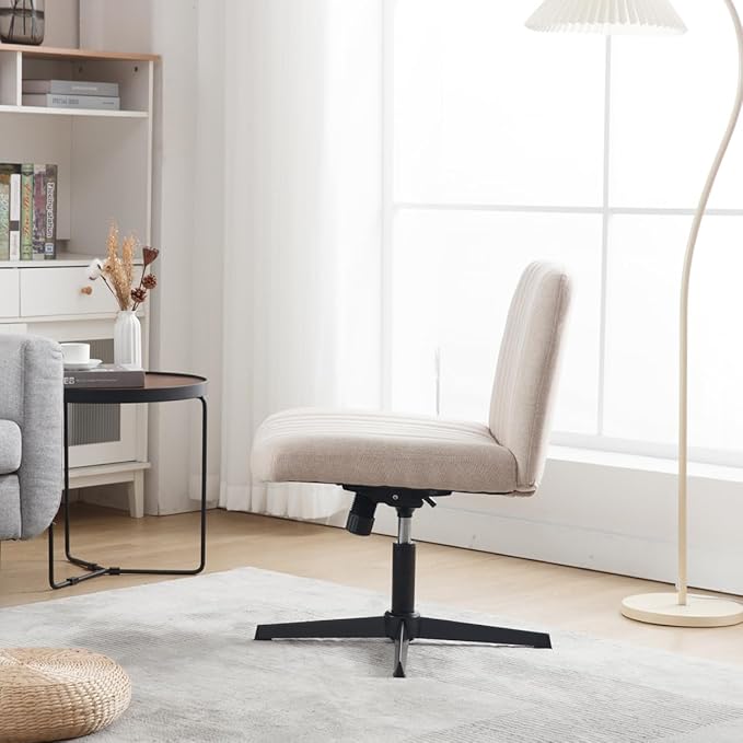 Armless Office Chair Wide Desk Chair Mid Back Accent Chair Padded Swivel Vanity Chair for Girl Women Computer Task Chair for Home Office (Linen, Beige with Cross Base) - LeafyLoom