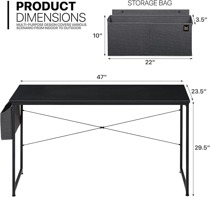 MoNiBloom Computer Desk 47", Simple Style Home Gaming Desk with Storage Bag, Office Writing Workstation- Black - LeafyLoom