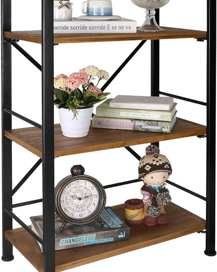 Rustic Bookshelf, 3 Tier Real Wood Bookshelf, Metal Book Shelf for Storage, Black Bookcase, 12.6" D x 23.62" W x 36.61" H - LeafyLoom