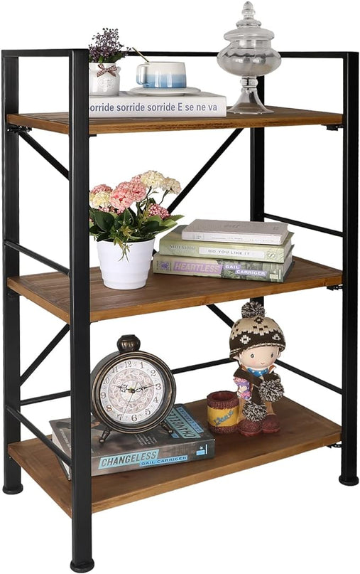 Rustic Bookshelf, 3 Tier Real Wood Bookshelf, Metal Book Shelf for Storage, Black Bookcase, 12.6" D x 23.62" W x 36.61" H - LeafyLoom