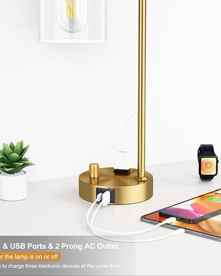 Innqoo Gold Table Lamp for Bedroom - Industrial Bedside Lamp with USB Port and Outlet, Fully Dimmable Nightstand Lamp with Clear Glass Shade, Small Desk Lamps for Home Office - LeafyLoom