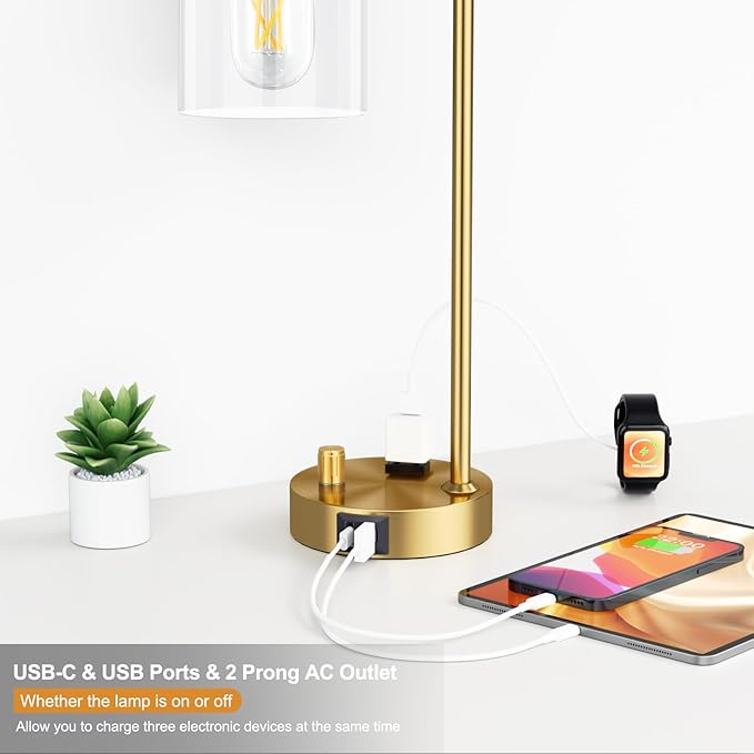 Innqoo Gold Table Lamp for Bedroom - Industrial Bedside Lamp with USB Port and Outlet, Fully Dimmable Nightstand Lamp with Clear Glass Shade, Small Desk Lamps for Home Office - LeafyLoom