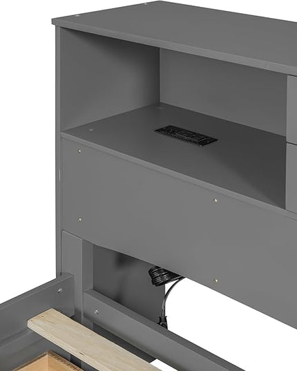 Full Size Wood Pltaform Trundle and 3 Drawers/Upper Shelves,Multifunctional Storage Bed Frame,W/a Set of USB Ports & Sockets,for Apartment,Bedroom,Living Room,Gray - LeafyLoom