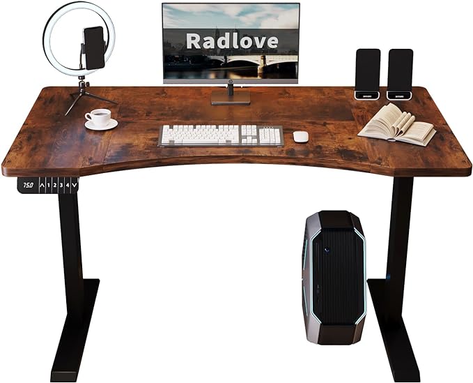 Radlove Dual Motors Height Adjustable 55 x 30'' Electric Standing Desk with Curved Design Stand Up Table 4 Memory Keys, Computer Desk with Splice Board Home Office Desk, Rustic Brown Top + Black Frame - LeafyLoom