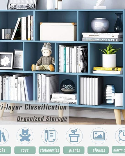 IOTXY Wooden Open Shelf Bookcase - 3-Tier Floor Standing Display Cabinet Rack with Legs, 10 Cubes Bookshelf, Bright Blue - LeafyLoom