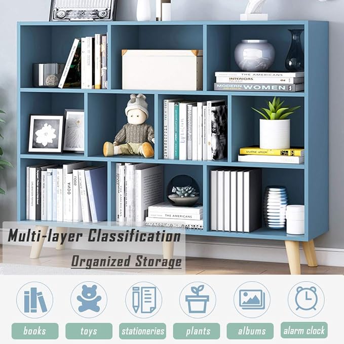 IOTXY Wooden Open Shelf Bookcase - 3-Tier Floor Standing Display Cabinet Rack with Legs, 10 Cubes Bookshelf, Bright Blue - LeafyLoom
