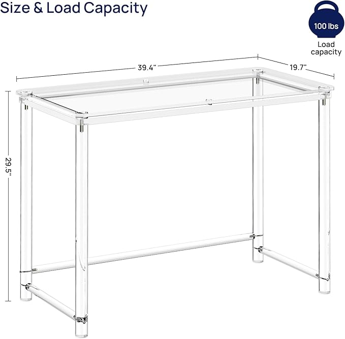 HMYHUM Acrylic Desk, Clear Desk for Home Office for Laptop, Study, Writing, Vanity Table with Cylindrical Legs, Modern, Easy Assembly, 39.4" L x 19.7" W x 29.5" H - LeafyLoom
