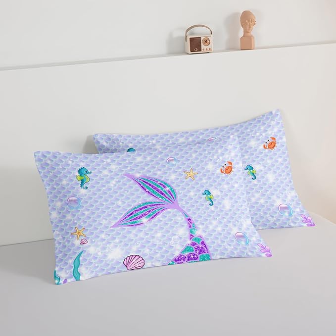 HOSIMA Mermaid Tail Comforter Set 3Pcs with 2 Pillowcases,Purple Fish Scales Bedding Set Cartoon Ocean Life Sea Animal Twin Comforter Set for Girls Kids Women,Mermaid Room Decor - LeafyLoom
