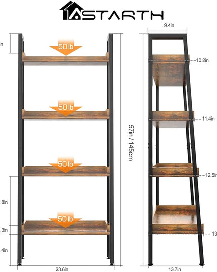 ASTARTH 4 Tier Bookshelves Ladder Bookshelf w/Open Shelf for Storage, Ladder Shelf & Bookcases for Bedroom, Living Room, Kitchen, Small Space-56.7'' H, Easy Assembly, Rustic Brown - LeafyLoom