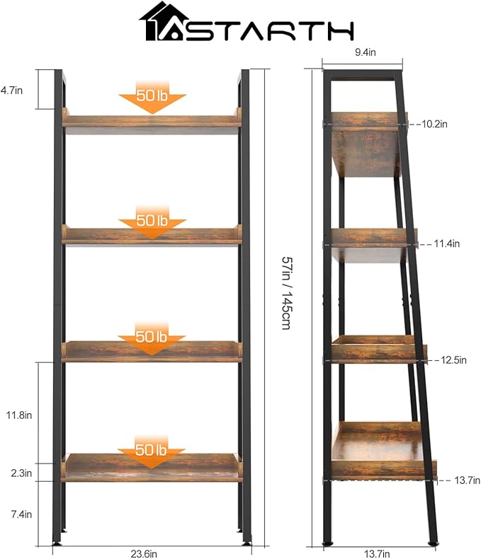 ASTARTH 4 Tier Bookshelves Ladder Bookshelf w/Open Shelf for Storage, Ladder Shelf & Bookcases for Bedroom, Living Room, Kitchen, Small Space-56.7'' H, Easy Assembly, Rustic Brown - LeafyLoom