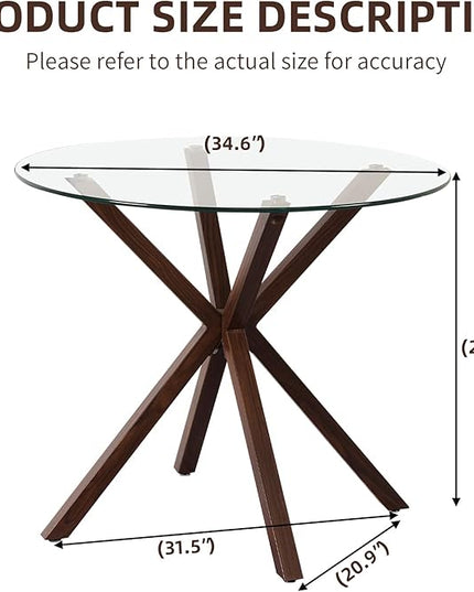 Round Glass Dining Table,34.7" Glass Top Kitchen Table with Wooden Grain Metal Legs,Modern Dining Room Table for 2 or 4,Circle Dinner Table for Kitchen, Small Spaces, Apartment - LeafyLoom