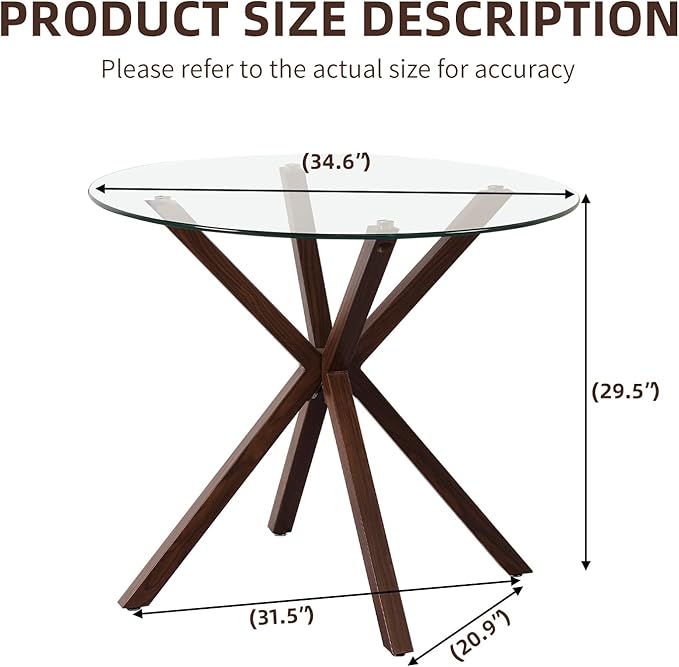 Round Glass Dining Table,34.7" Glass Top Kitchen Table with Wooden Grain Metal Legs,Modern Dining Room Table for 2 or 4,Circle Dinner Table for Kitchen, Small Spaces, Apartment - LeafyLoom