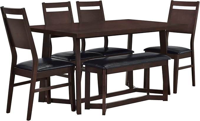 6-Piece Wood Dining Table Set with 4 PU Upholstered Chairs and Bench, Large Tabletop, for Kitchen Living Room, Farmhouse Style, Dark Brown, 59" L x 35.4" W x 30" H - LeafyLoom