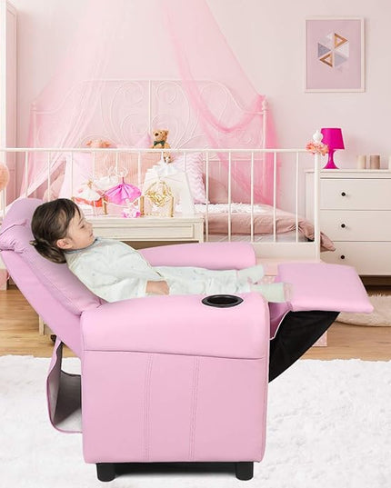 ARLIME Kids Recliner chair, toddler Armchair Upholstered Couch with Cup Holder, Backrest, baby Leather sofa with Headrest and Footrest, Child Furniture for Ages 2-7(Pink) - LeafyLoom