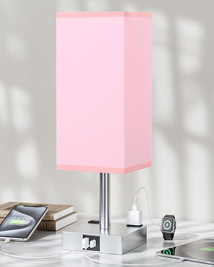 Touch Bedside Table Lamp For Nightstand - 3-Way Dimmable Night Lamp with USB A + Type C Charging Ports and two AC Outlets, Small Desk Light with E26 LED Bulb for Bedroom Living Room Dorm Office, PINK - LeafyLoom