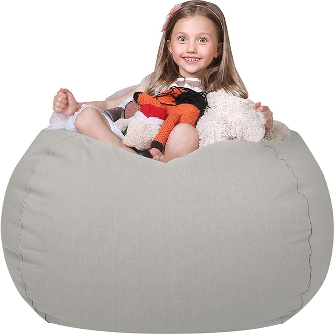Wekapo Stuffed Animal Storage Bean Bag Chair Cover for Kids | Stuffable Zipper Beanbag for Organizing Children Plush Toys Large Premium Cotton Canvas (Solid Grey, XX-Large) - LeafyLoom