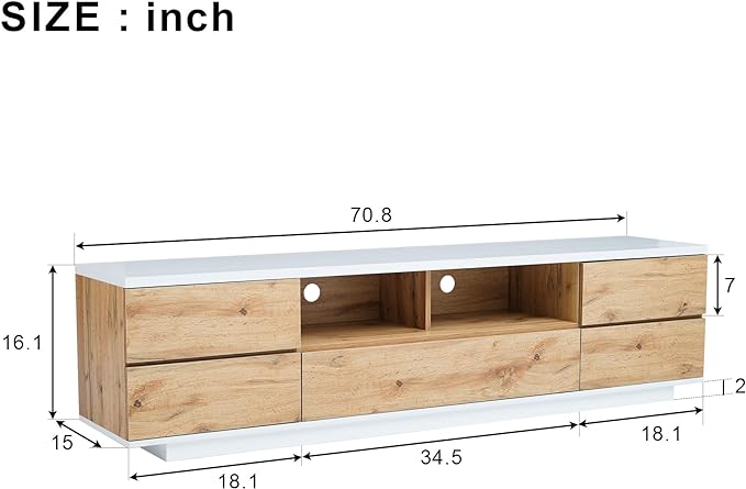 71 Inch TV Stand for TVs up to 80'', Television Stand with Ample Storage Space and Door Rebound Device, Entertainment Center for Living Room, Bedroom, Natural+White - LeafyLoom