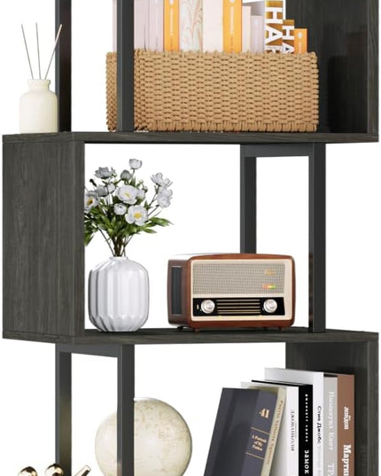 Furologee 6 Tier Bookshelf Tall Geometric Bookcase, S-Shaped Industrial Display Standing Shelf, Metal and Wood Decorative Storage Room Divider Shelves for Bedroom, Living Room, Office, Light Black Oak - LeafyLoom