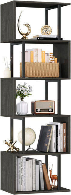 Furologee 6 Tier Bookshelf Tall Geometric Bookcase, S-Shaped Industrial Display Standing Shelf, Metal and Wood Decorative Storage Room Divider Shelves for Bedroom, Living Room, Office, Light Black Oak - LeafyLoom