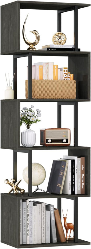 Furologee 6 Tier Bookshelf Tall Geometric Bookcase, S-Shaped Industrial Display Standing Shelf, Metal and Wood Decorative Storage Room Divider Shelves for Bedroom, Living Room, Office, Light Black Oak - LeafyLoom