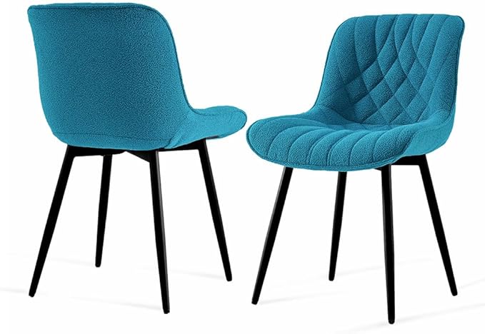 YOUNUOKE Comfortable Dining Chairs Set of 2, Mid-Century Modern Kitchen Dining Room Chairs, Upholstered Backrest Boucle Dining Chair with Black Metal, Teal - LeafyLoom