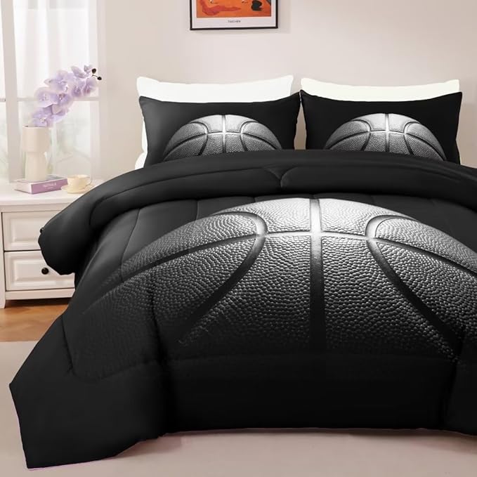 Basketball Comforter Set Twin Size for Boys Kids Teens All Season Sports Theme Basketball Bedding Sets Teenage Bed Bedrooom Set 3 Pieces with Pillowcases, - LeafyLoom