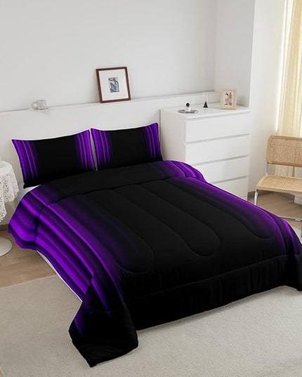 Geometric Abstract Ombre Comforter Set Kids Teens Purple and Black Striped Bedding Bed Set Decor Modern Fashion Comforter Inner Fill Bedroom Collection 2Pcs Twin Size - LeafyLoom