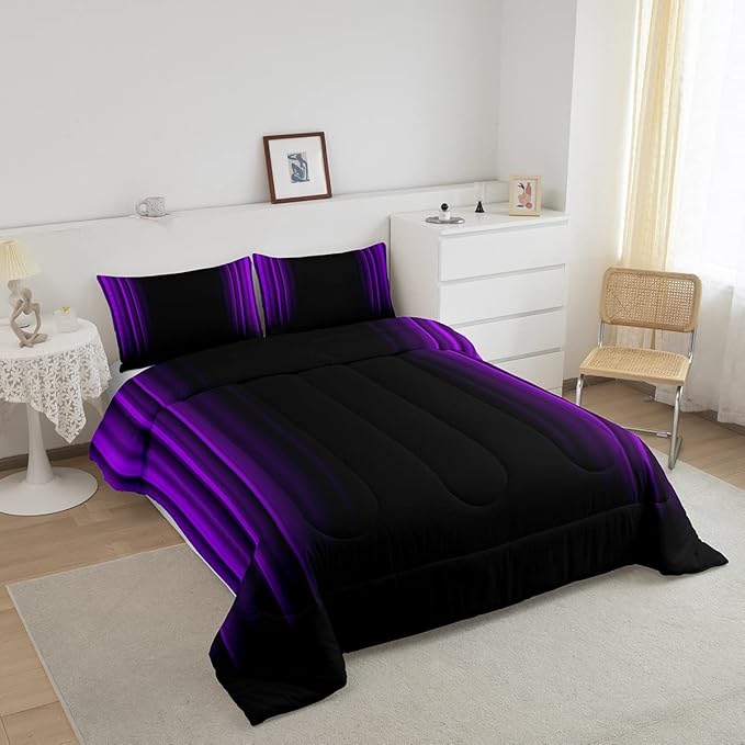 Geometric Abstract Ombre Comforter Set Kids Teens Purple and Black Striped Bedding Bed Set Decor Modern Fashion Comforter Inner Fill Bedroom Collection 3Pcs Queen Size - LeafyLoom
