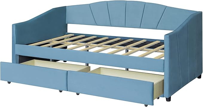 Twin Size Upholstered Daybed with 2 Storage Drawers, Elegant Sofa Bed Day Bed Frame with Wood Slat Support for Bedroom, Living Room Guestroom, No Box Spring Needed, Blue - LeafyLoom