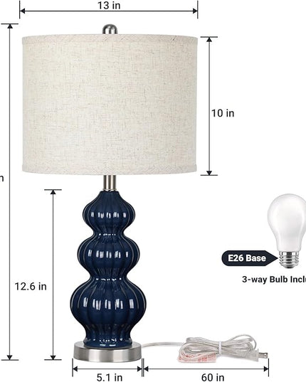 25" Ceramic Table Lamp Navy Blue Triple Gourd Ceramic Lamp Table Lamp Modern Lamp for Bedroom Living Room, 3-Way Dimmable Bulb Included (Blue) - LeafyLoom