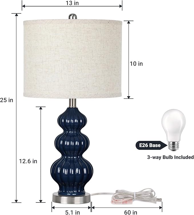 25" Ceramic Table Lamp Navy Blue Triple Gourd Ceramic Lamp Table Lamp Modern Lamp for Bedroom Living Room, 3-Way Dimmable Bulb Included (Blue) - LeafyLoom
