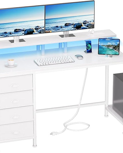 Furologee Desk with Power Outlets and LED Lights, 47in Gaming Computer Desk with 4 Fabric Drawers, Home Office Desk with Full Monitor Stand and Shelf, Study Writing Desk for Bedroom, White - LeafyLoom