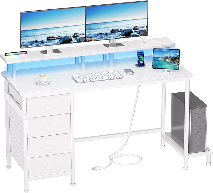 Furologee Desk with Power Outlets and LED Lights, 47in Gaming Computer Desk with 4 Fabric Drawers, Home Office Desk with Full Monitor Stand and Shelf, Study Writing Desk for Bedroom, White - LeafyLoom
